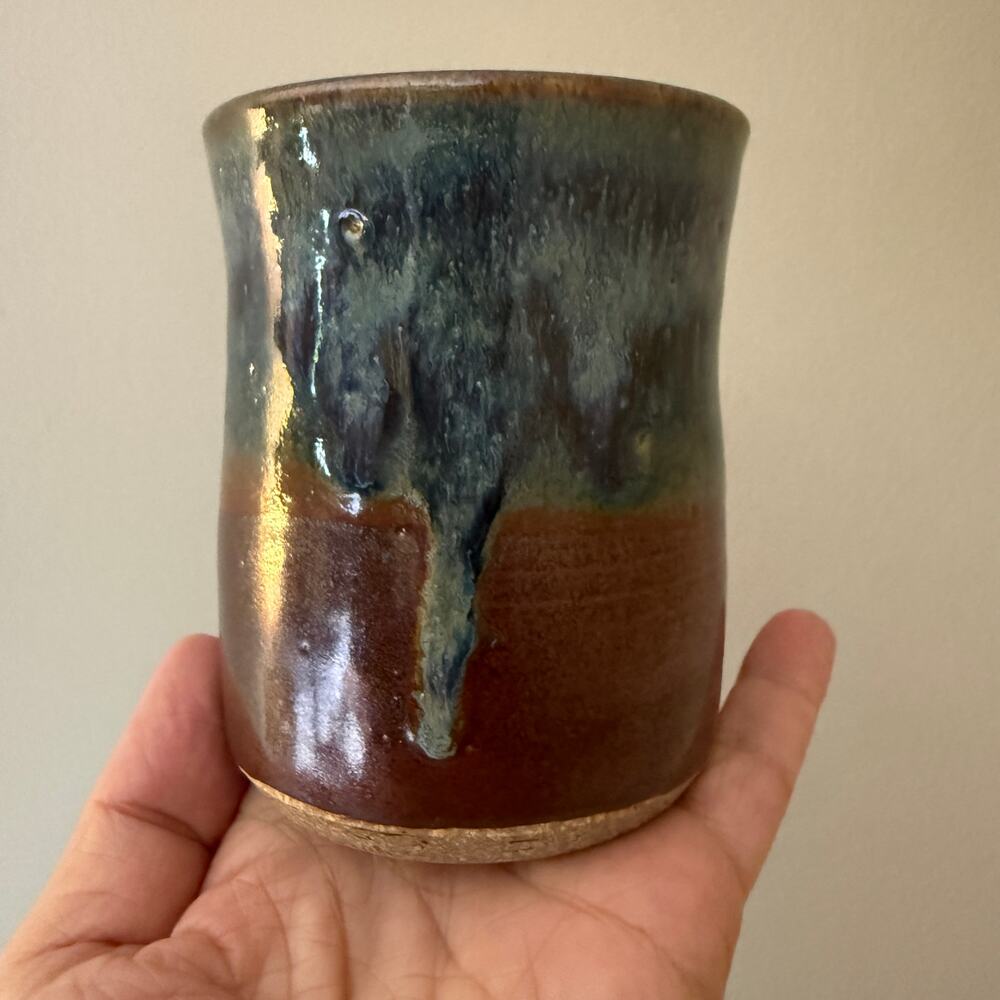 Vintage Handmade Pottery Mug Blue Brown Glazed Earth Tone Vase Cup